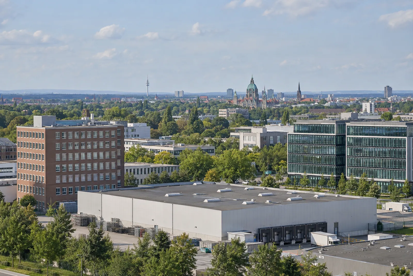 Gewerbegebiet bei Hannover mit Backstein-Bürohaus, Glasneubau und Lagerhalle, am Horizont die Silhouette der Stadt