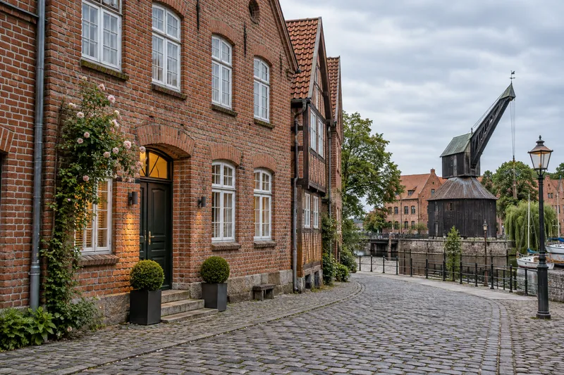 Backsteinhaus mit Praxiseingang im Erdgeschoss in der Lüneburger Altstadt, im Hintergrund der Alte Kran am Hafen