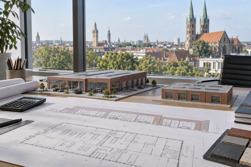 Schreibtisch mit Bauplänen einer Autohaus-Halle, im Fenster die Silhouette von Braunschweig