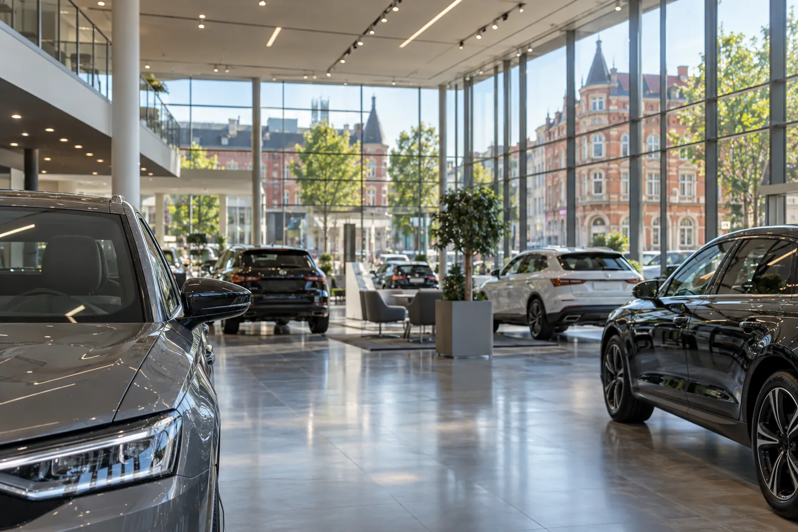 Autohaus-Showroom mit LED-Lichtbändern und großer Glasfassade, dahinter Backsteinhäuser in Braunschweig
