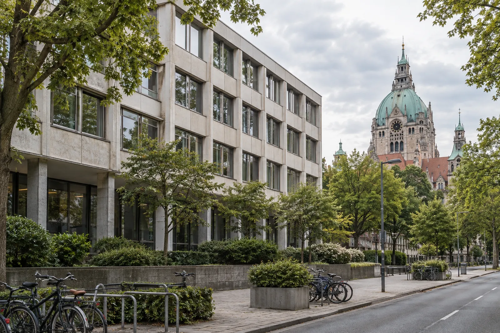 Bürogebäude der 1970er Jahre mit Betonfassade in Hannover, im Hintergrund die Kuppel des Neuen Rathauses