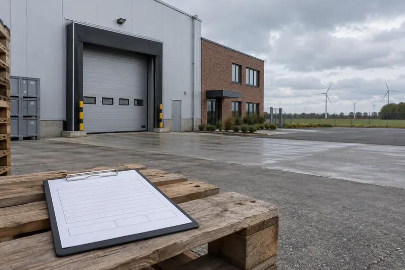 Kühllagerhalle mit Büroanbau im flachen Oldenburger Münsterland, Windräder am Horizont