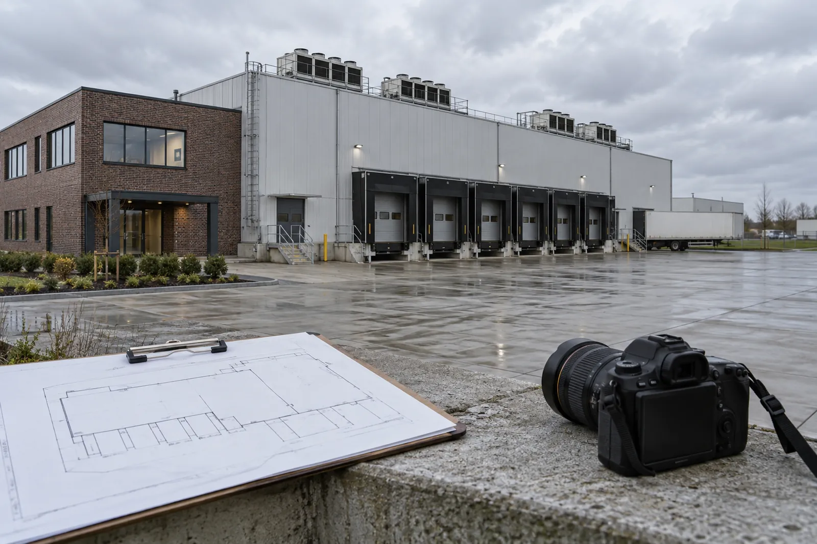 Kühllager mit Laderampen und Kältetechnik auf dem Dach in einem Gewerbegebiet im Oldenburger Münsterland, davor Skizze und Kamera