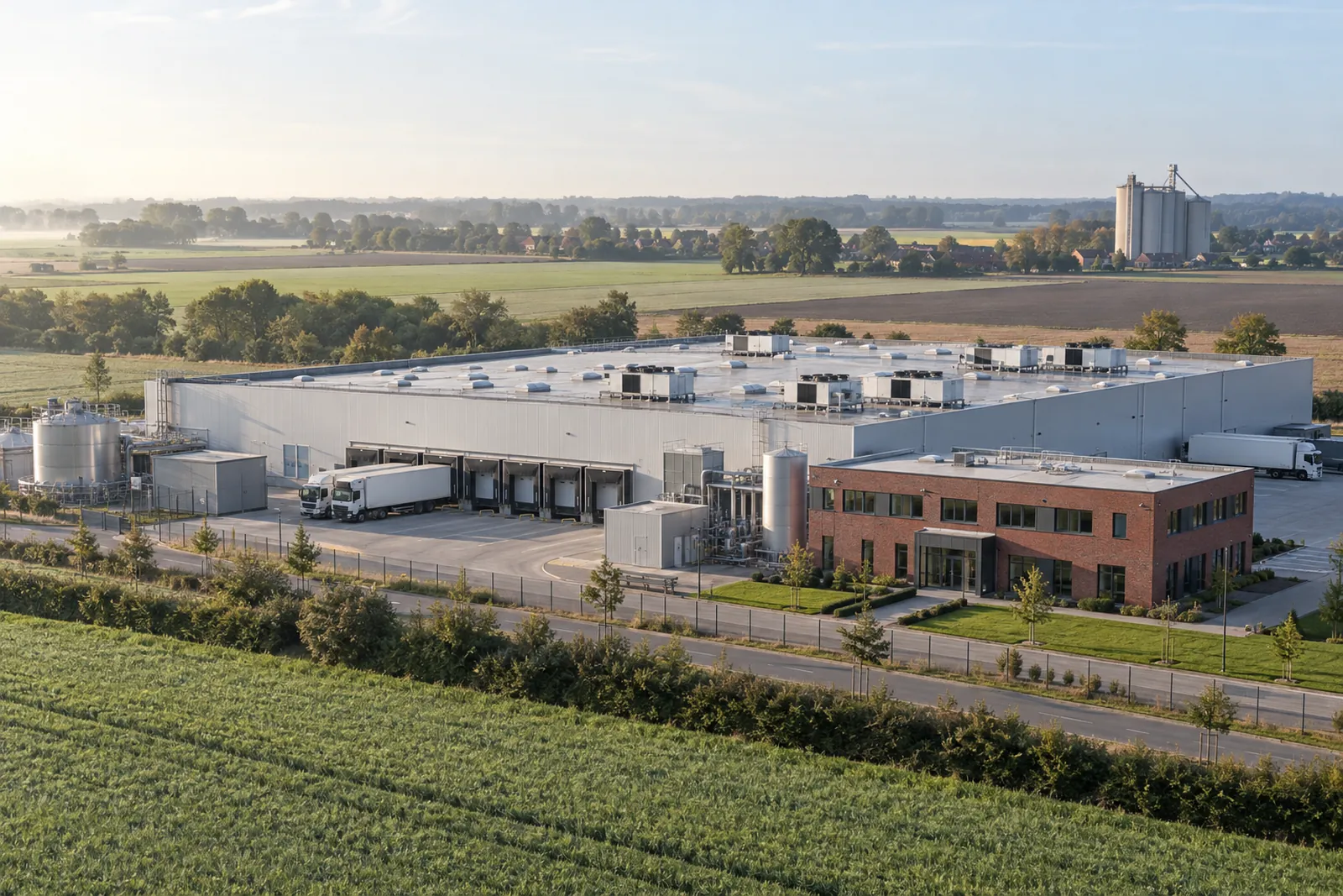 Kühl- und Lagerhalle mit Dachaufbauten und Backsteinanbau vor flacher Landschaft im Oldenburger Münsterland