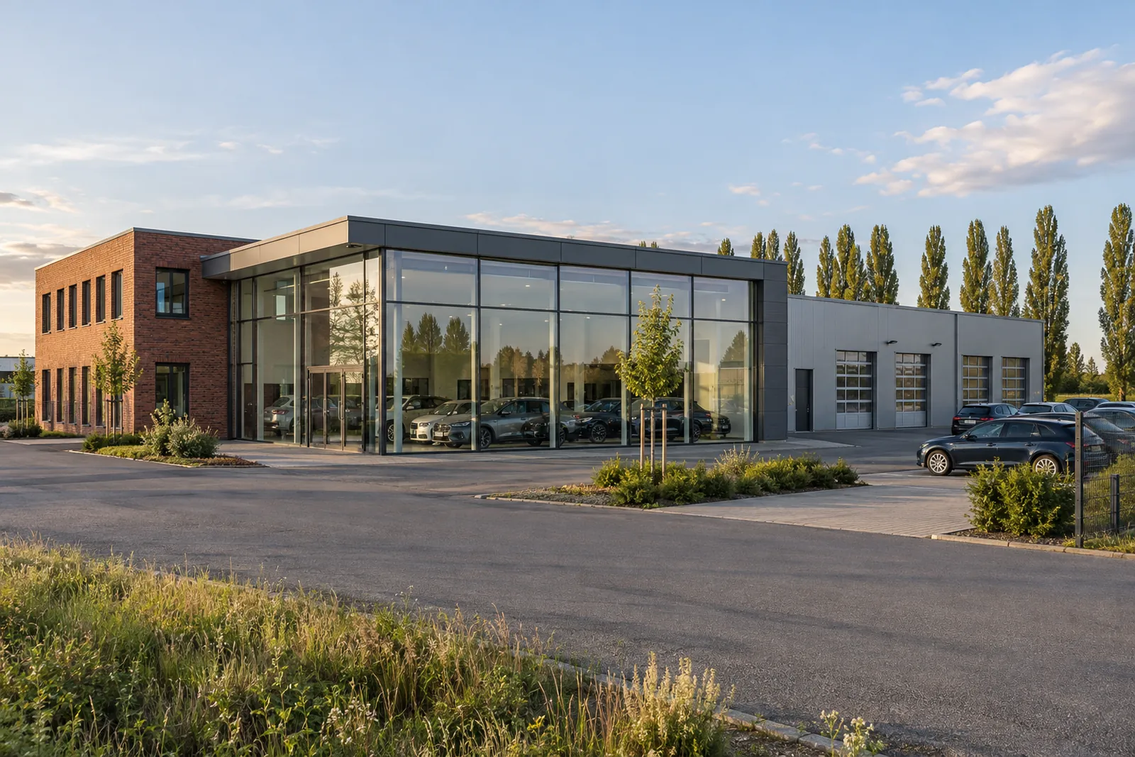 Autohaus mit Glasfront und Werkstatt am Stadtrand von Braunschweig, daneben ein Backstein-Bürotrakt