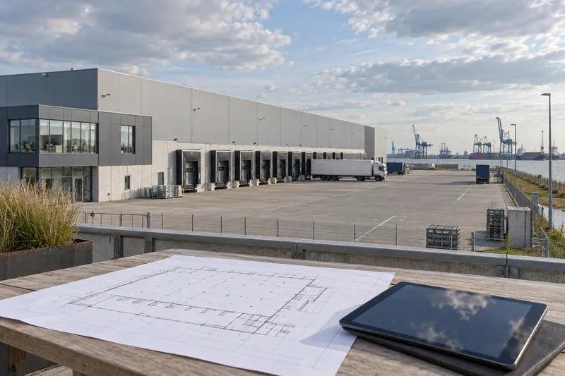 Lagerhalle mit Büroanbau im Hafenhinterland von Wilhelmshaven, im Vordergrund Tablet und Grundriss auf einem Tisch
