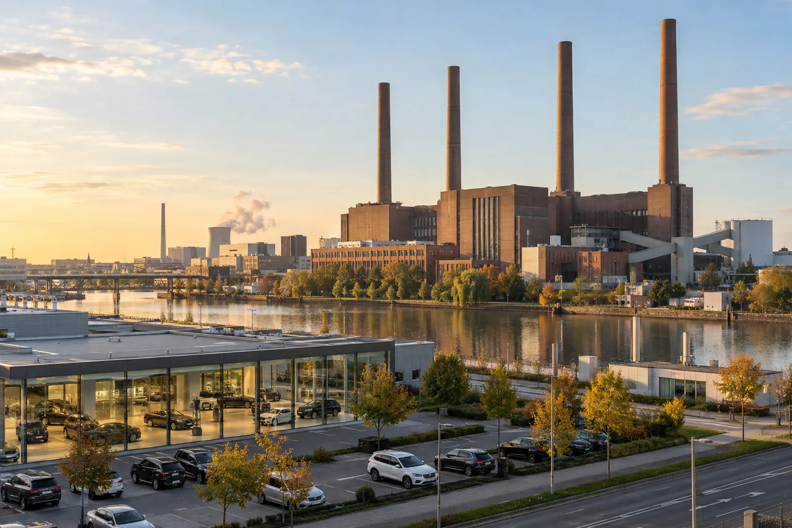 Industriegebäude und gläsernes Autohaus am Mittellandkanal bei Wolfsburg im Morgenlicht, dahinter Backsteinbauten