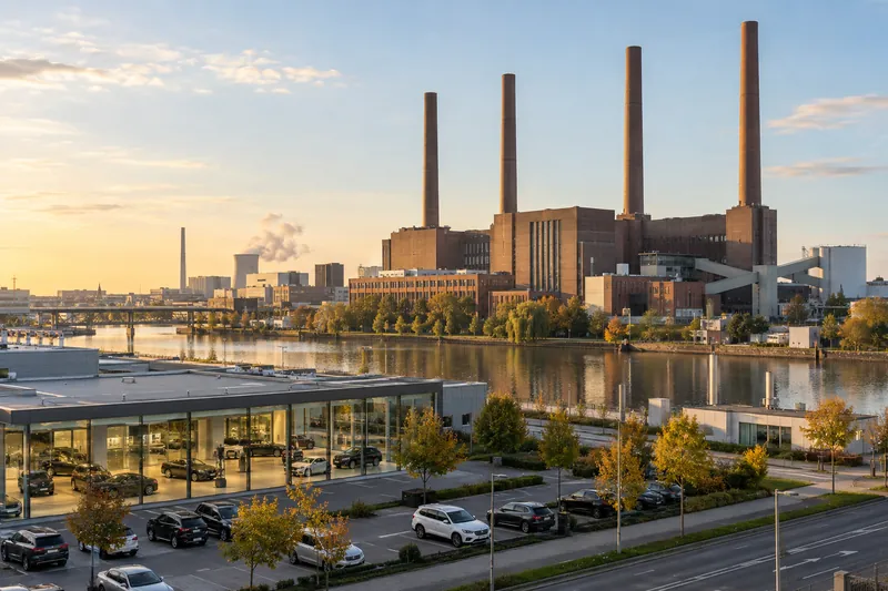 Industriegebäude und gläsernes Autohaus am Mittellandkanal bei Wolfsburg im Morgenlicht, dahinter Backsteinbauten