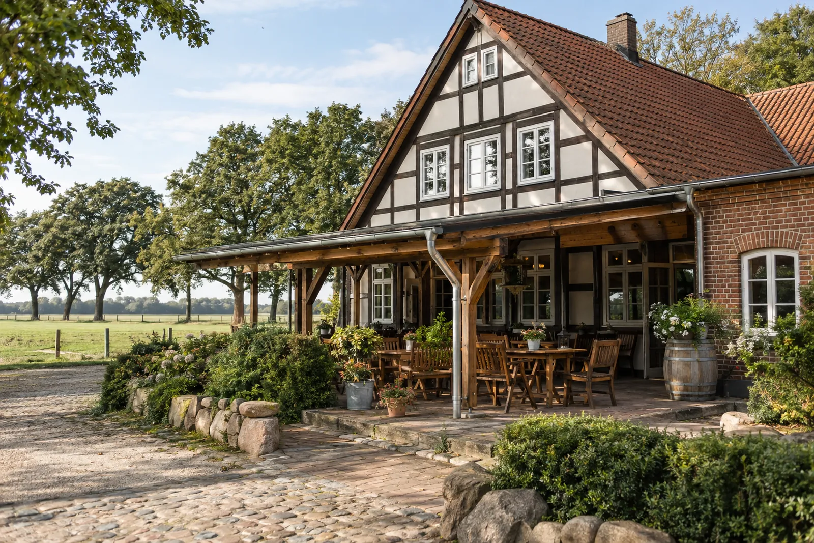 Landgasthof mit Backsteinanbau und überdachter Terrasse vor flachen Feldern und alten Eichen in Niedersachsen