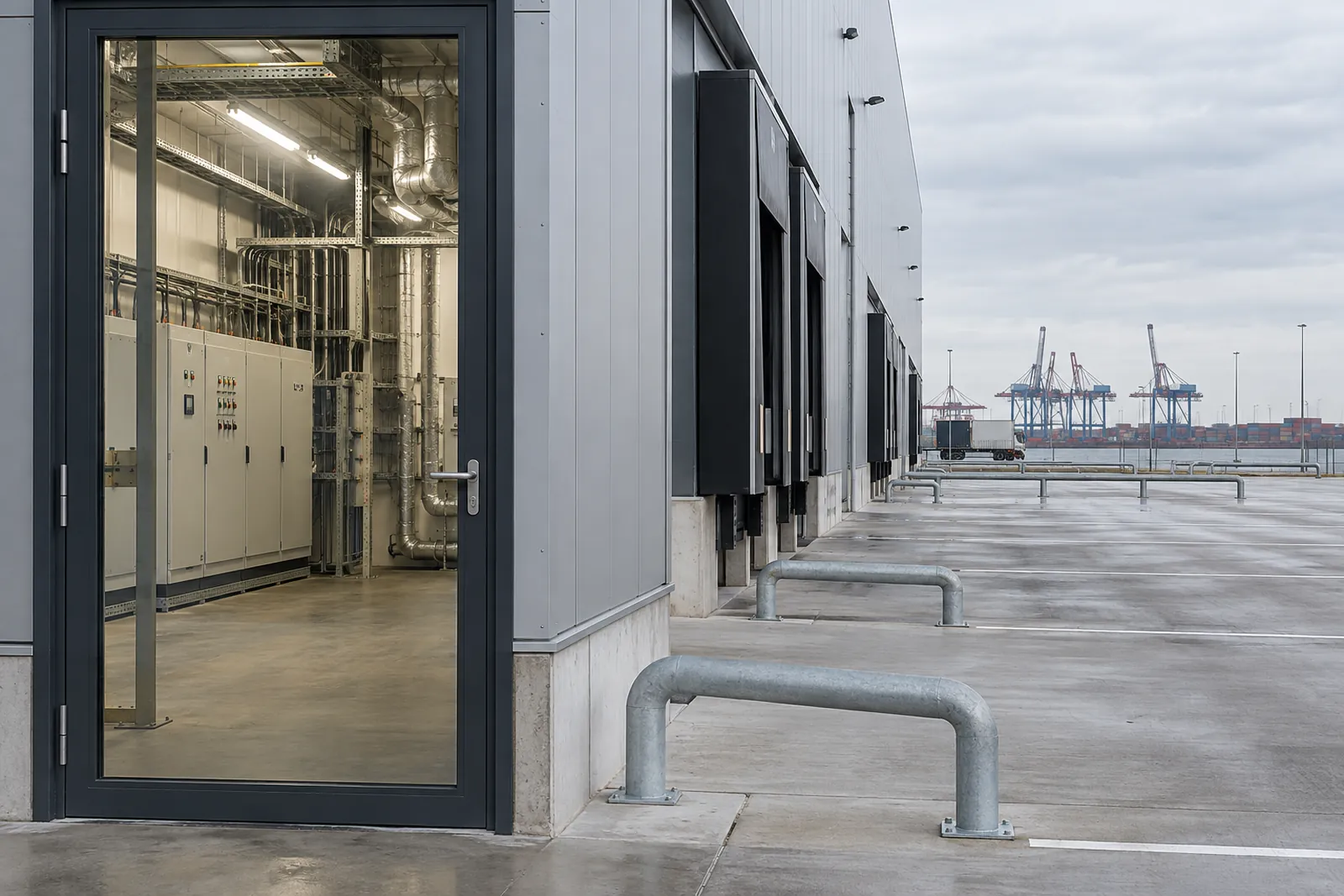 Logistikhalle mit Technikraum und Schaltschrank, im Hintergrund Hafenkräne unter norddeutschem Himmel
