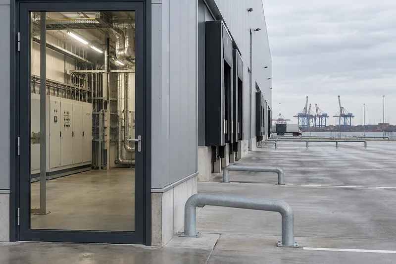 Logistikhalle mit Technikraum und Schaltschrank, im Hintergrund Hafenkräne unter norddeutschem Himmel