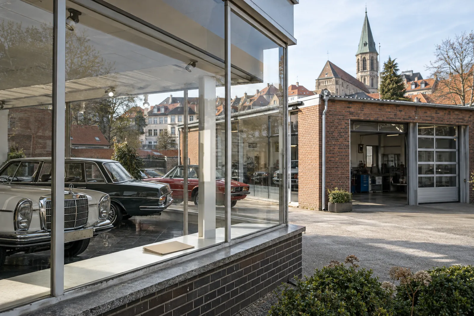 Autohaus mit großer Glasfassade neben einer Backsteinwerkstatt in Braunschweig, im Hintergrund Dächer der Altstadt
