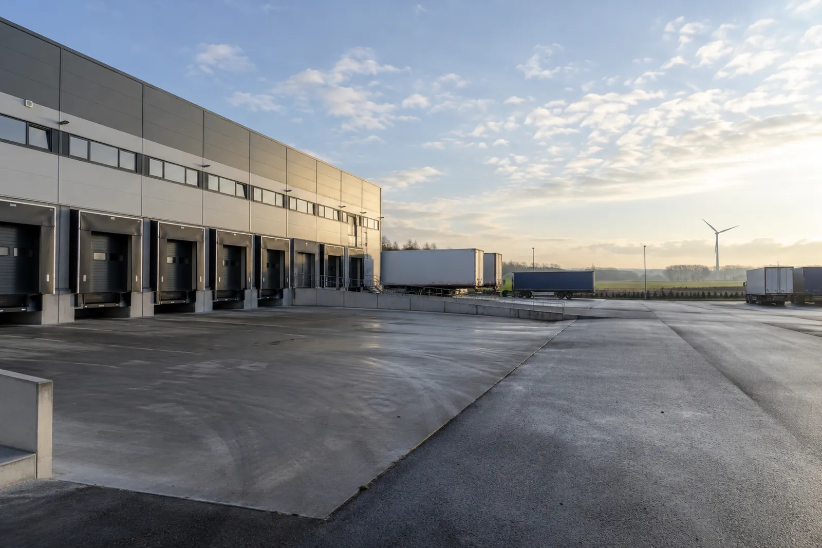 Logistikhalle mit Rampentoren in einem niedersächsischen Gewerbegebiet an der Autobahn, Felder im Hintergrund