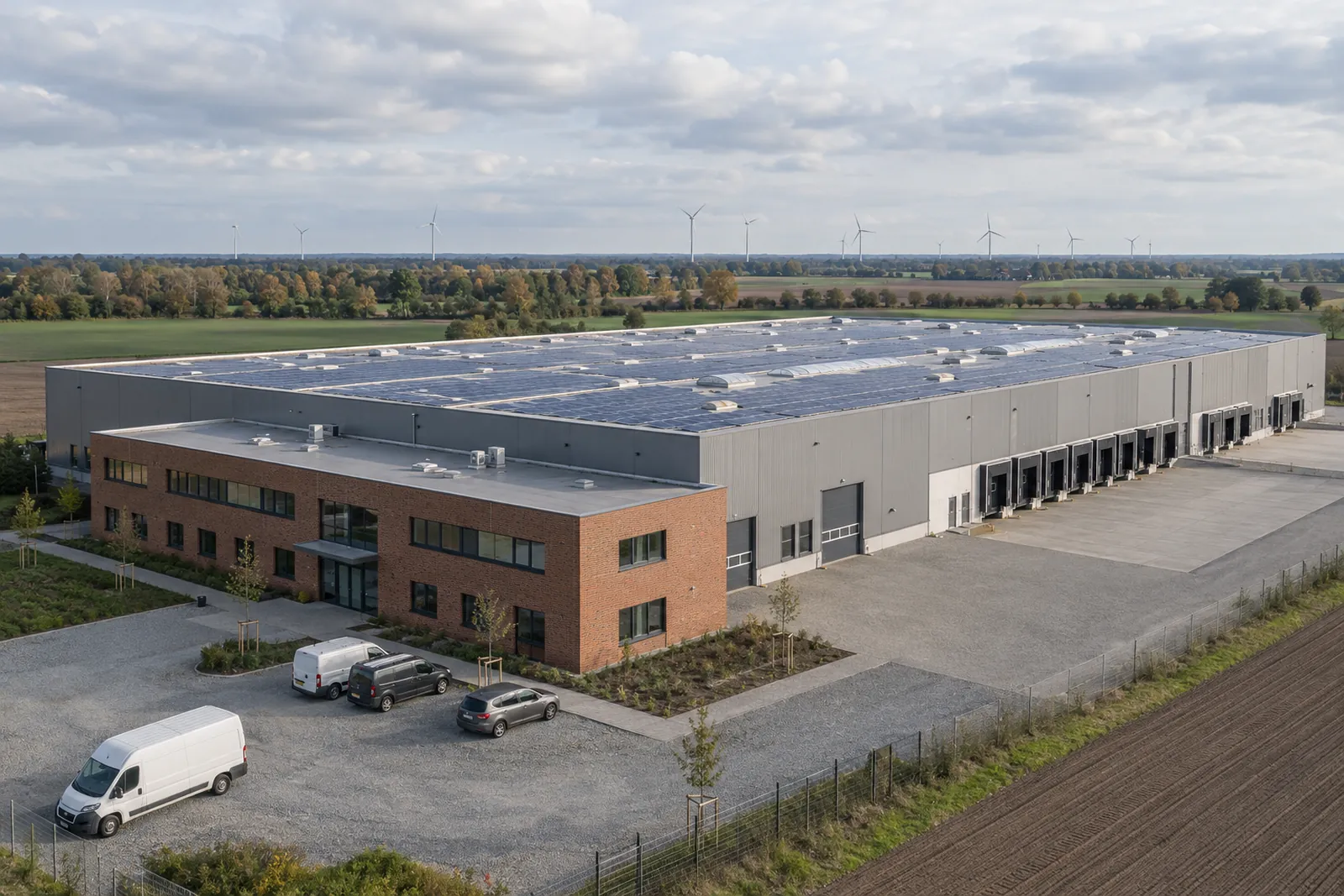Gewerbehalle mit Photovoltaikanlage auf dem Flachdach in der norddeutschen Ebene, im Hintergrund Windräder und Felder