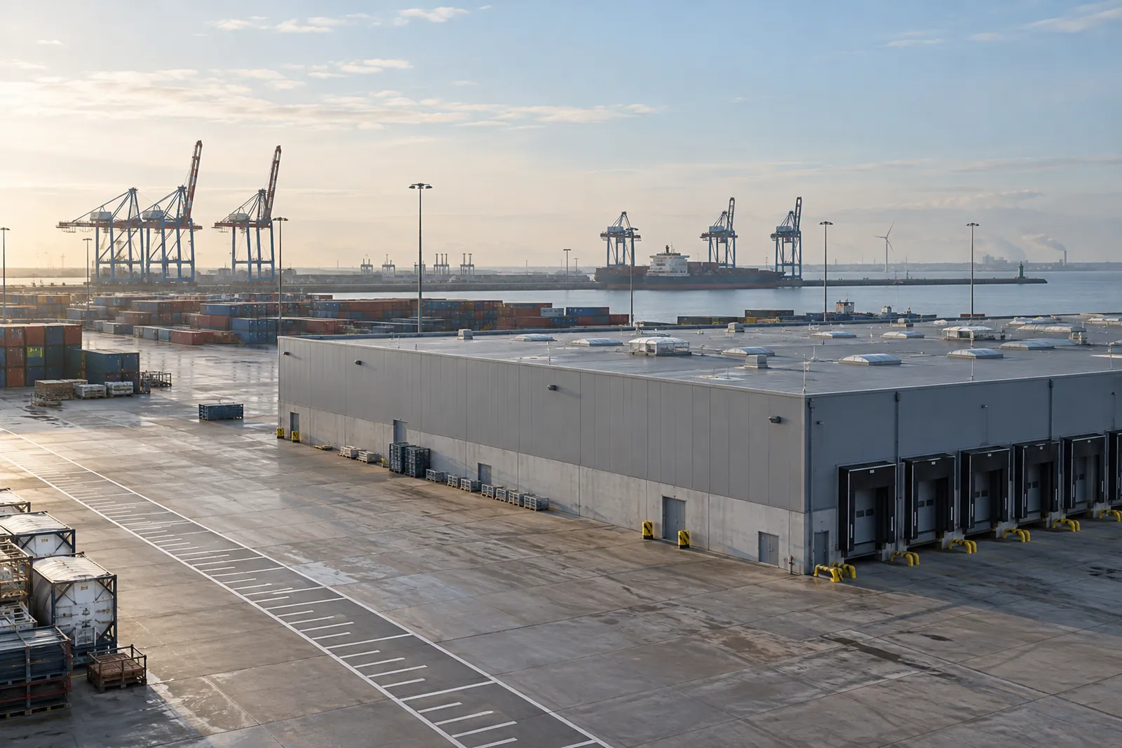 Große Lagerhalle an einem Nordseehafen in Niedersachsen mit Kränen im Hintergrund bei ruhigem Morgenlicht