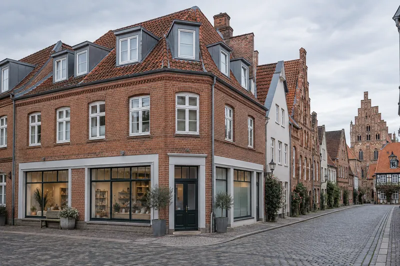 Backsteinhaus mit Ladenlokal im Erdgeschoss und Wohnungen im Obergeschoss in der Lüneburger Altstadt