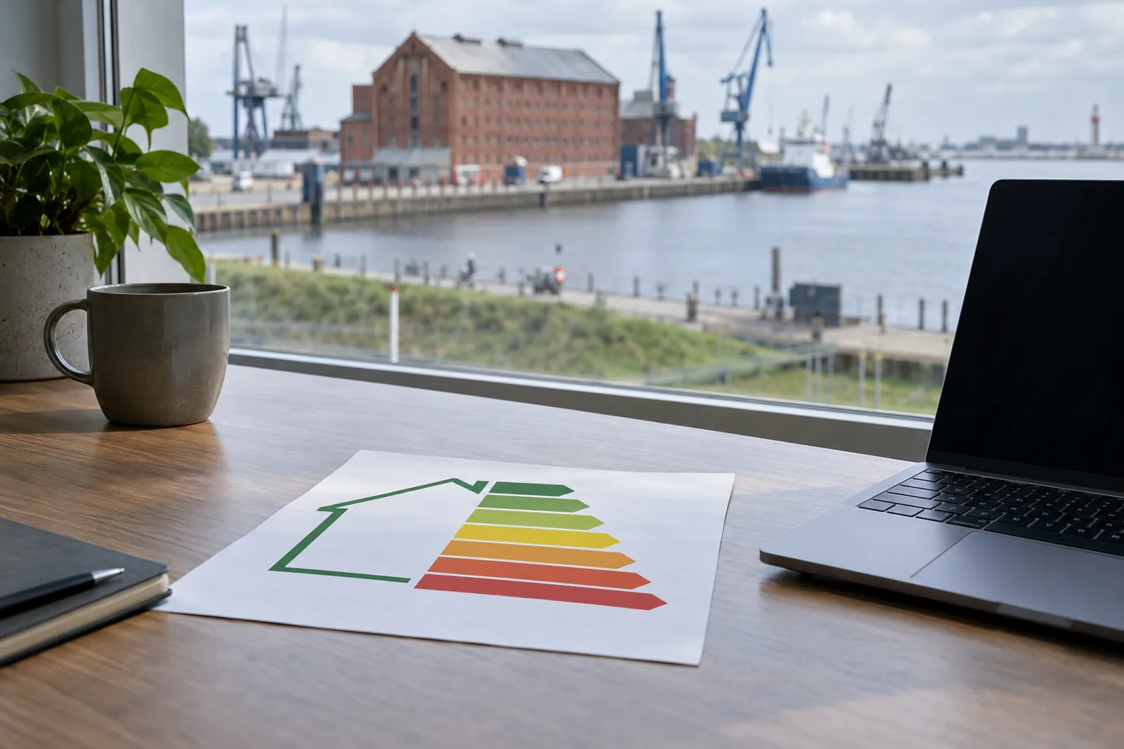 Ausgedruckter Energieausweis auf einem Schreibtisch, im Hintergrund Lagerhallen und Hafenkräne an der niedersächsischen Küste