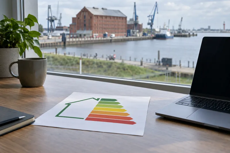 Ausgedruckter Energieausweis auf einem Schreibtisch, im Hintergrund Lagerhallen und Hafenkräne an der niedersächsischen Küste