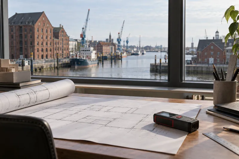 Schreibtisch mit Grundriss und Laser-Entfernungsmesser, durch das Fenster Lagerhäuser und Hafenkräne in Emden