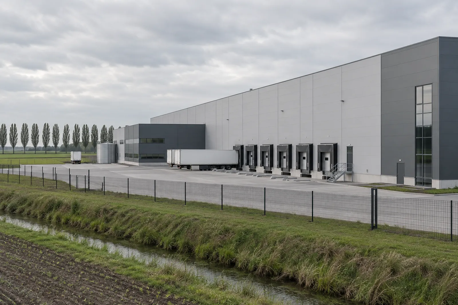 Große Produktionshalle mit Sandwichpaneelen und Ladetoren am Rand eines Gewerbegebiets im flachen Oldenburger Münsterland