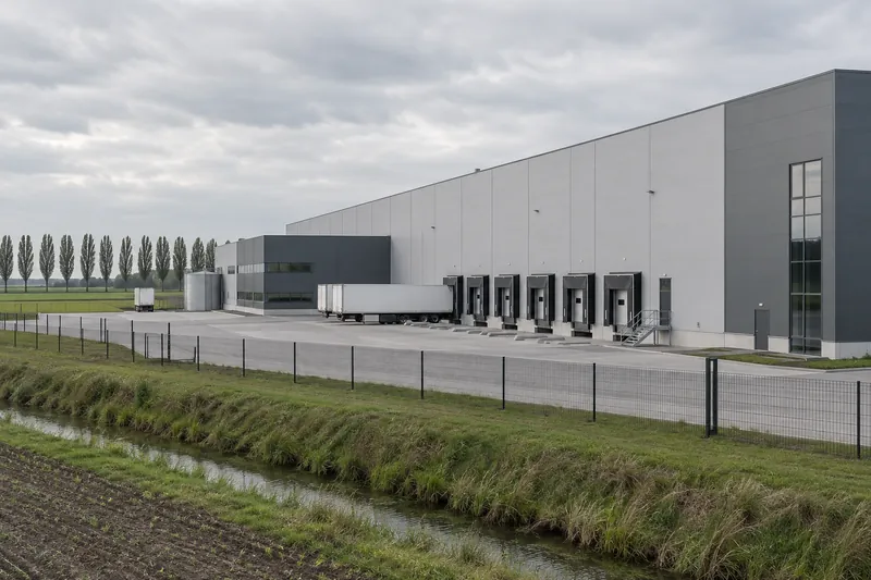 Große Produktionshalle mit Sandwichpaneelen und Ladetoren am Rand eines Gewerbegebiets im flachen Oldenburger Münsterland