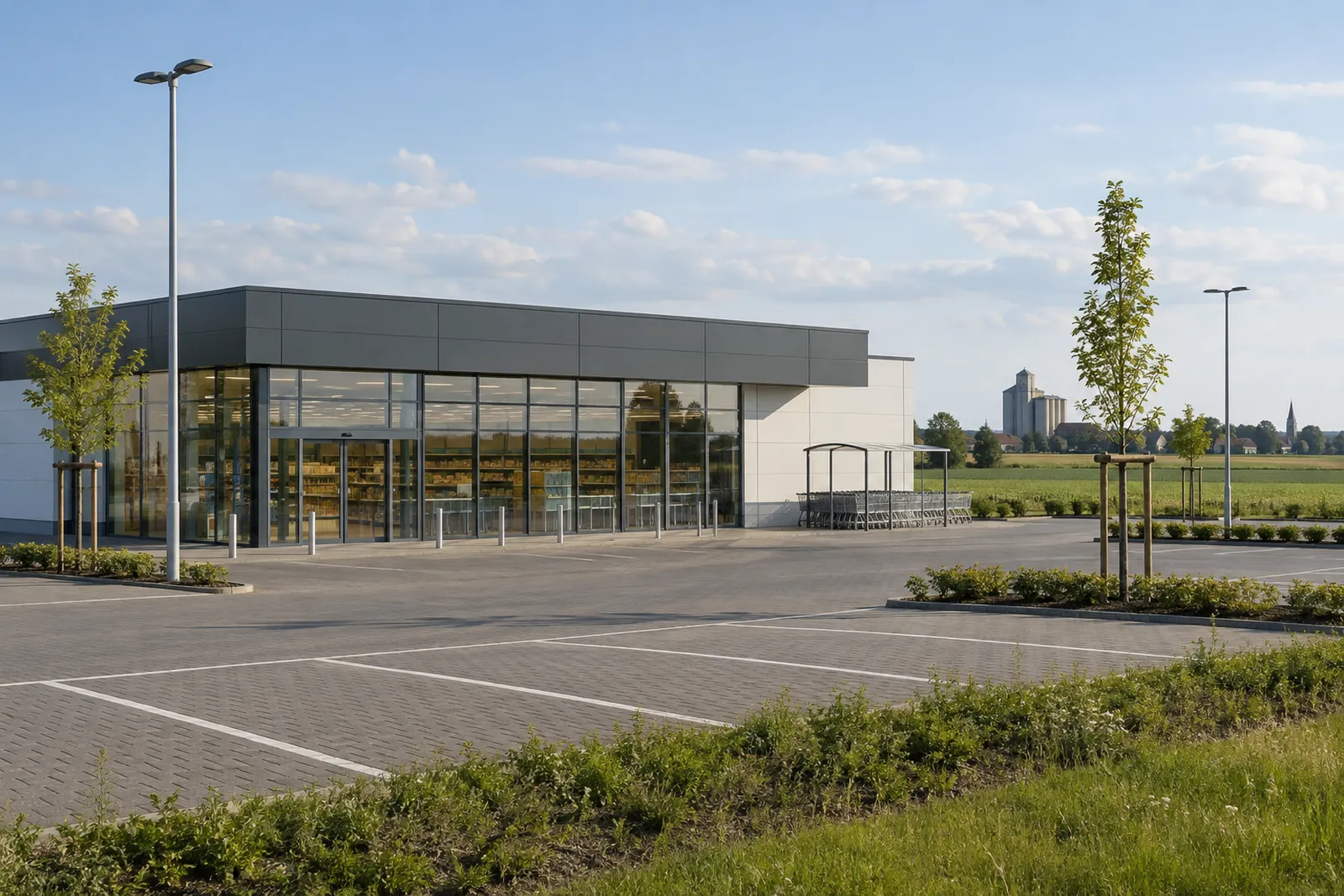 Freistehender Lebensmittelmarkt mit Flachdach und leerem Parkplatz am Ortsrand, dahinter flaches Ackerland und ein Getreidesilo