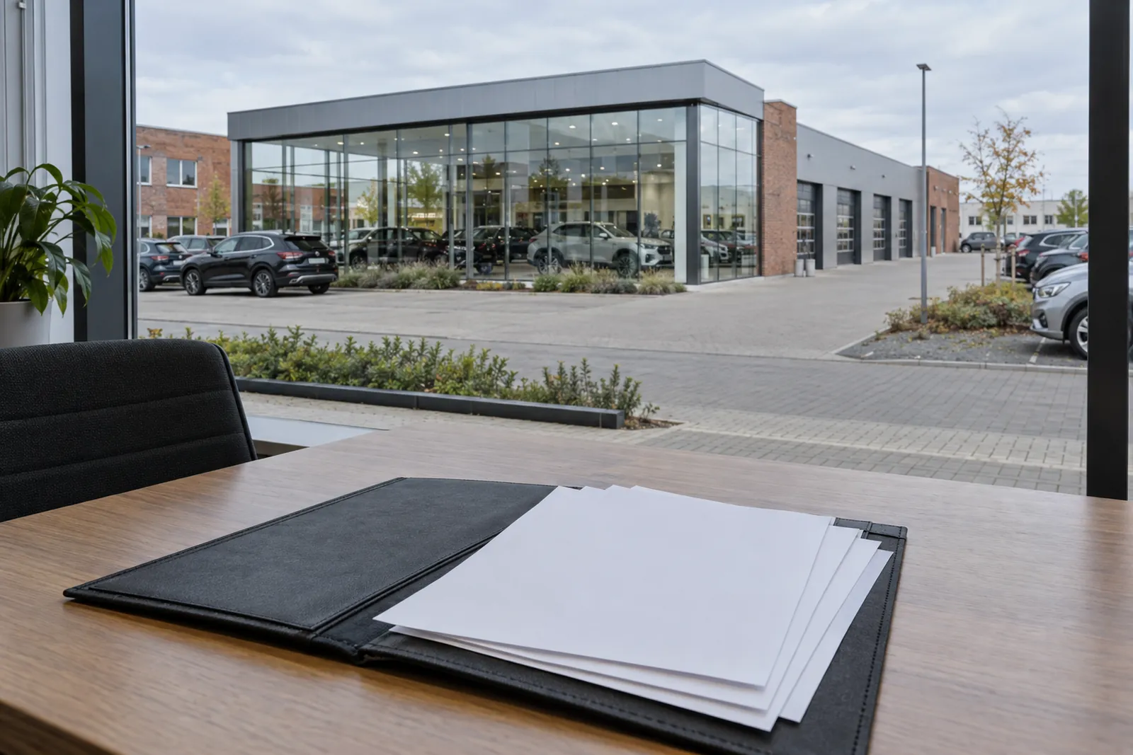 Autohaus mit Glasfront und Werkstatthalle in einem Braunschweiger Gewerbegebiet, im Vordergrund ein Aktenordner auf einem Schreibtisch