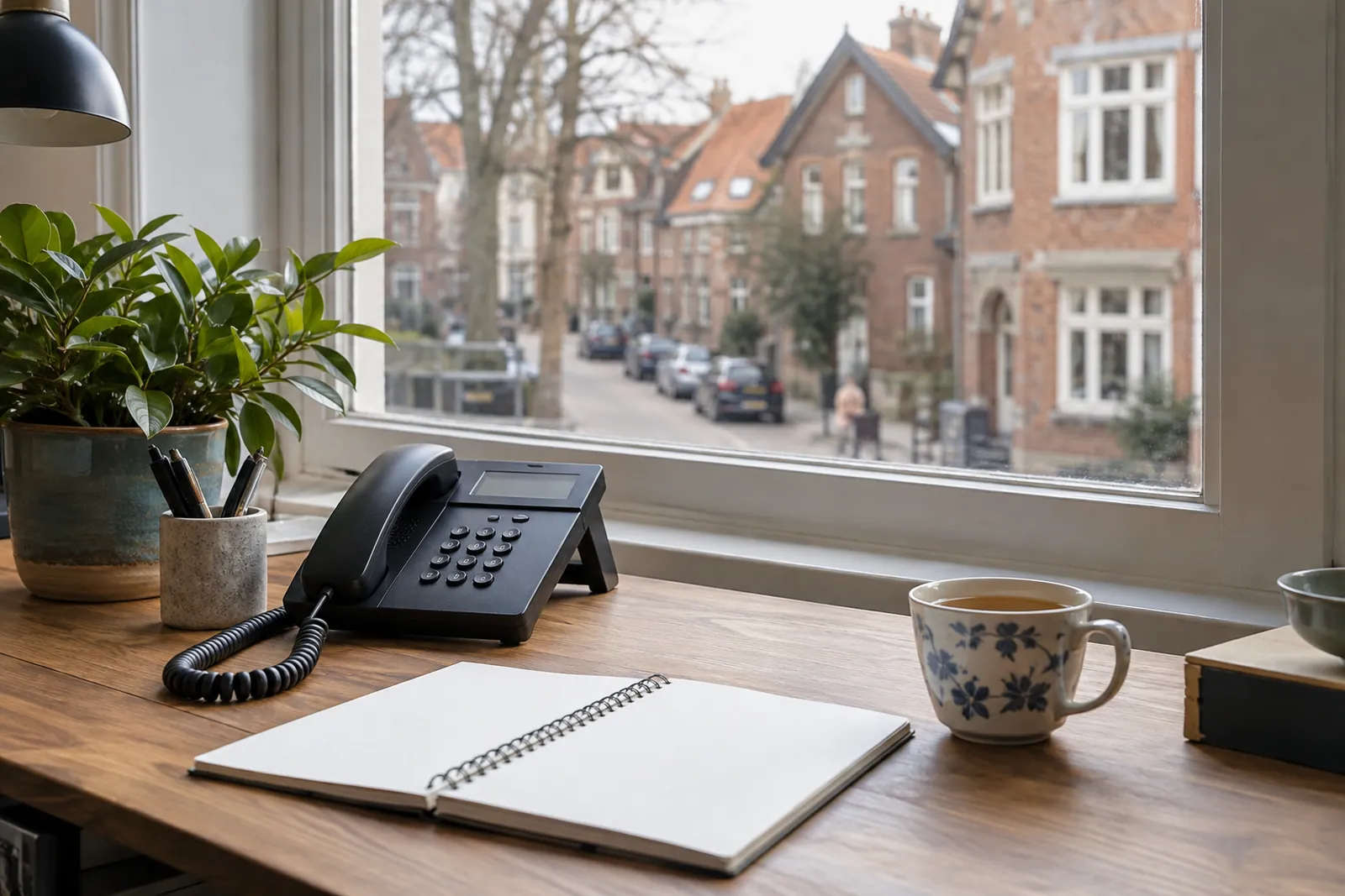 Schreibtisch mit Telefon und Notizbuch am Fenster