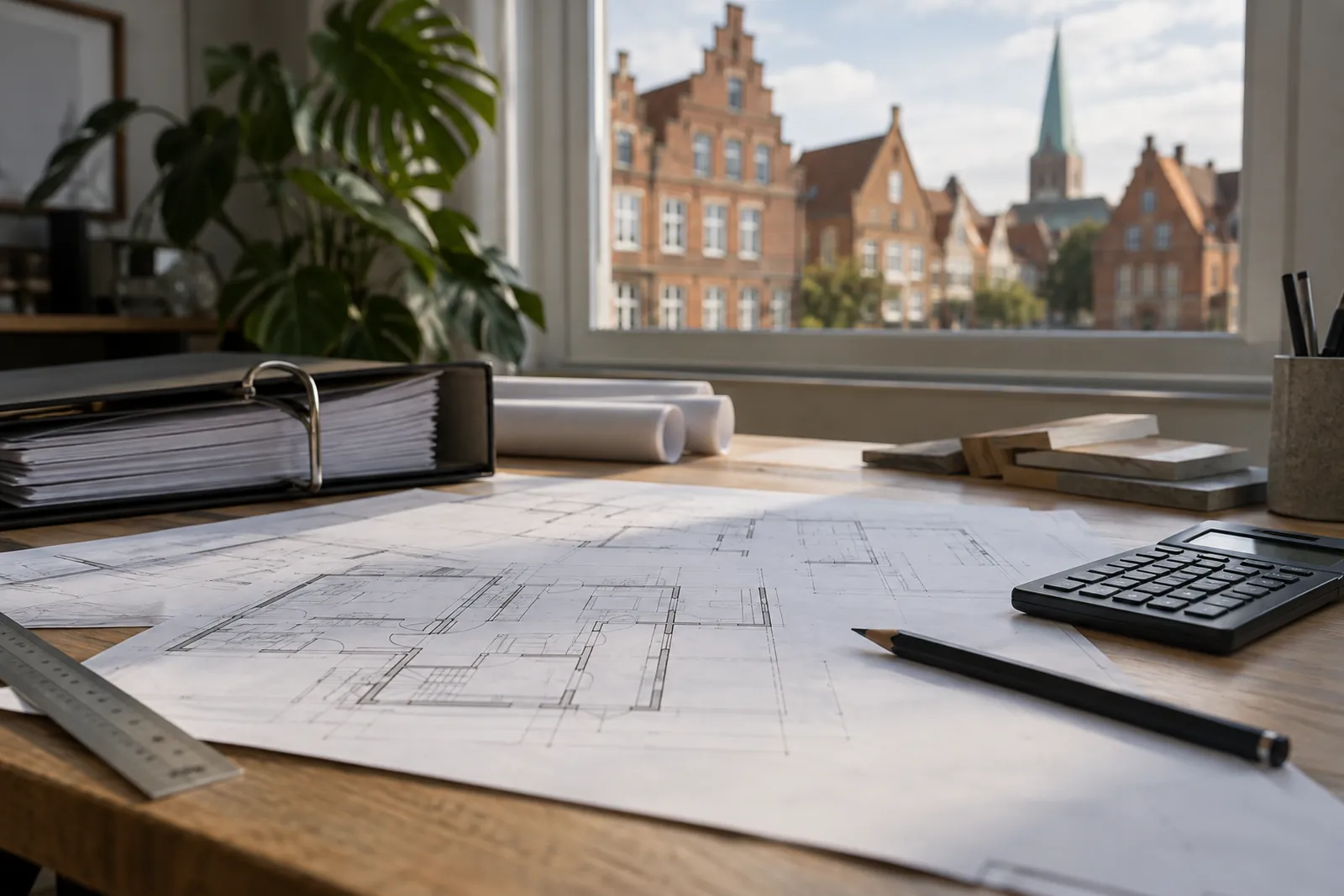 Baupläne, Grundriss und Taschenrechner auf einem Schreibtisch