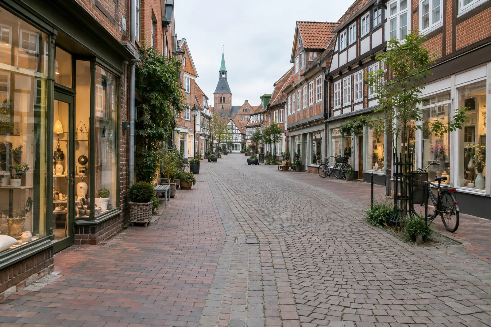 Fußgängerzone mit Backsteinfassaden und Geschäften