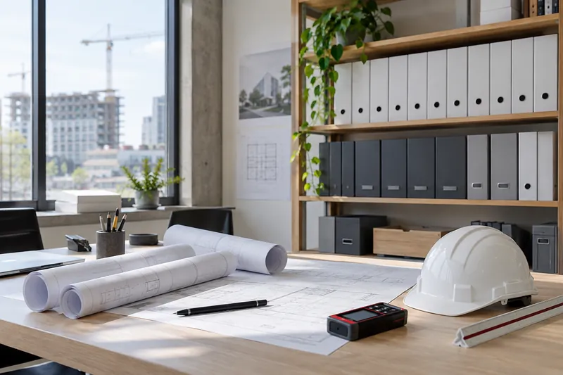 Regal mit Ordnern und Bauplänen in einem Technikbüro