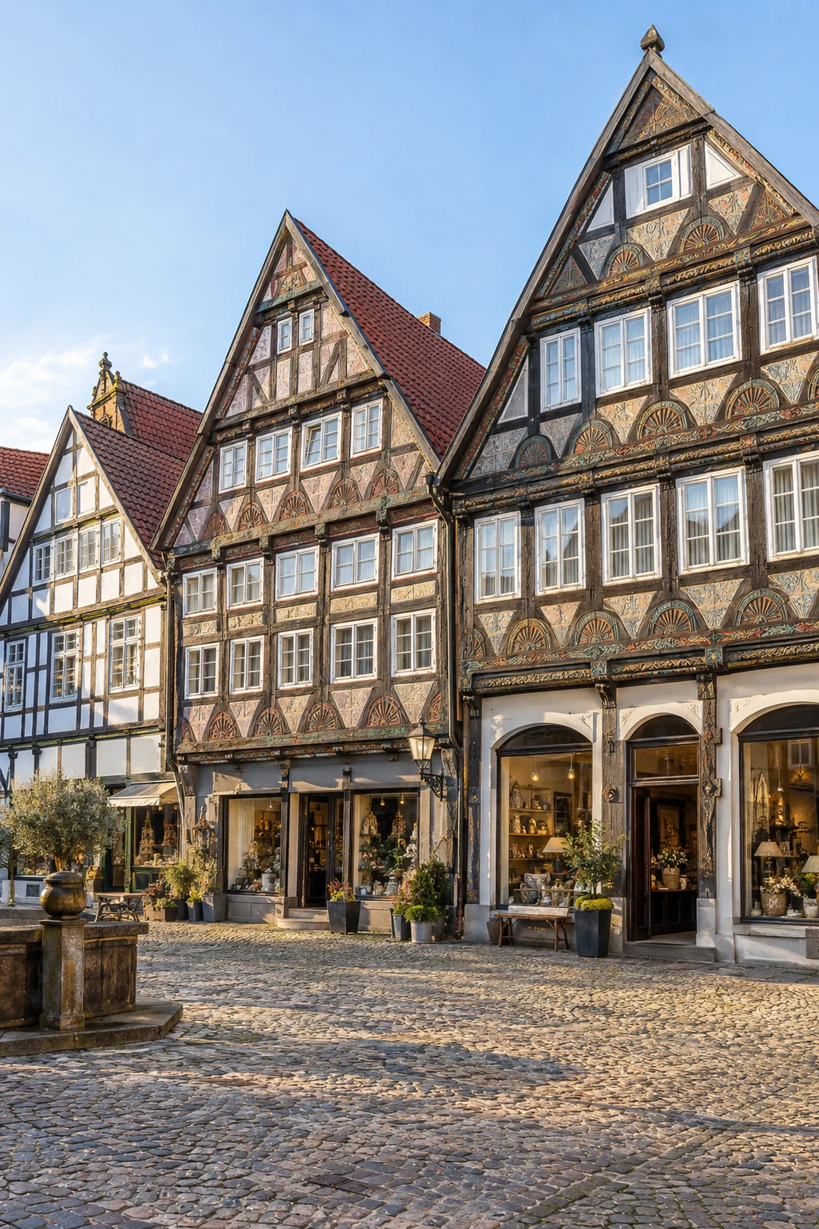 Fachwerkhäuser mit Geschäften am Marktplatz einer niedersächsischen Altstadt