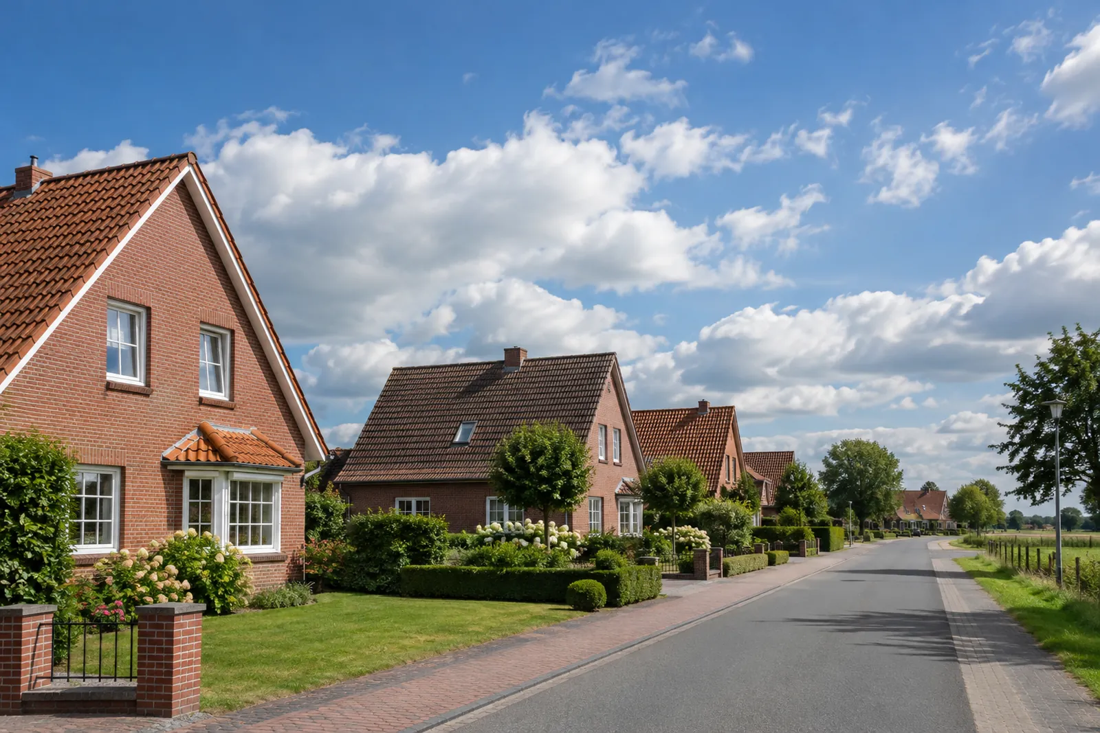 Rotklinker-Einfamilienhäuser in einem Ort in Norddeutschland