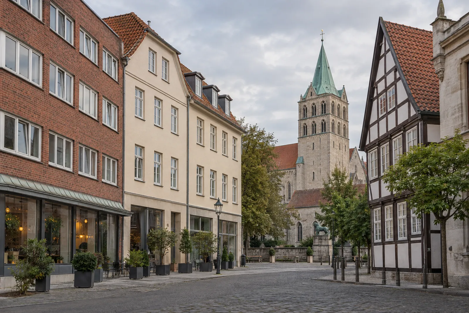 Geschäftshäuser in der Braunschweiger Innenstadt mit dem Dom im Hintergrund