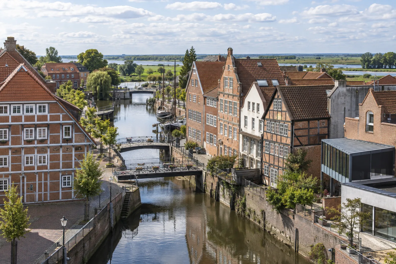 Backstein- und Fachwerkhäuser am Fleth in der Altstadt von Buxtehude mit moderner Gewerbebauten am Bildrand