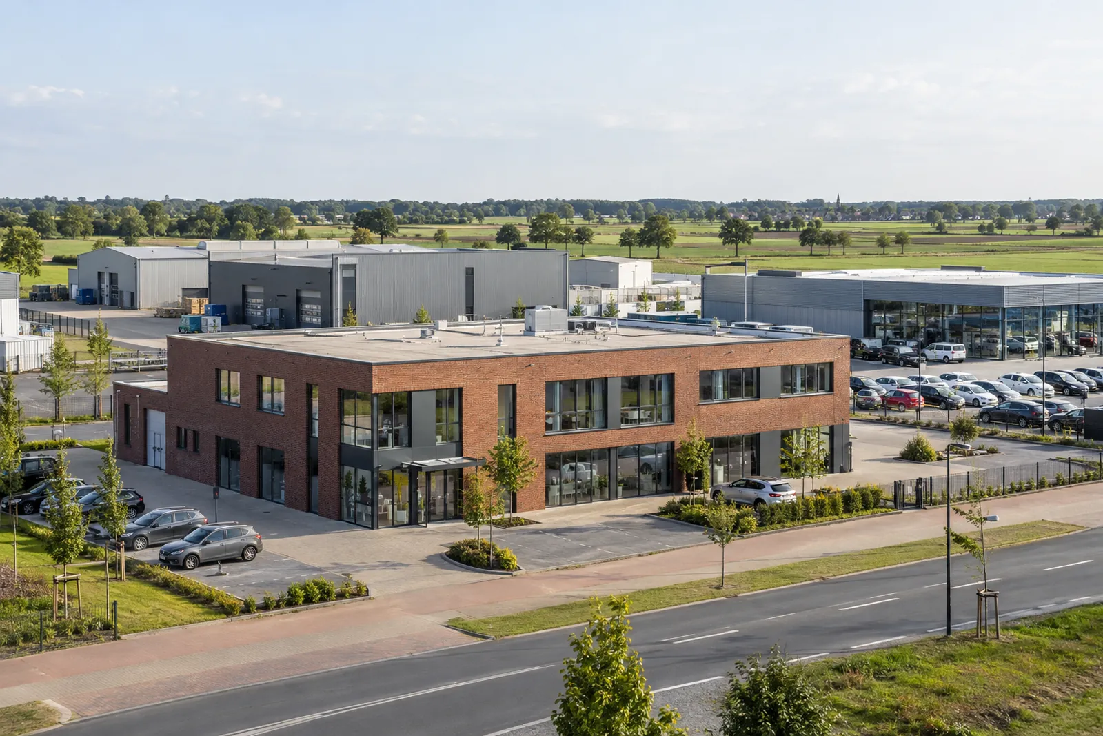 Klinkerbürohaus und Gewerbehallen am Stadtrand von Cloppenburg im flachen Oldenburger Münsterland