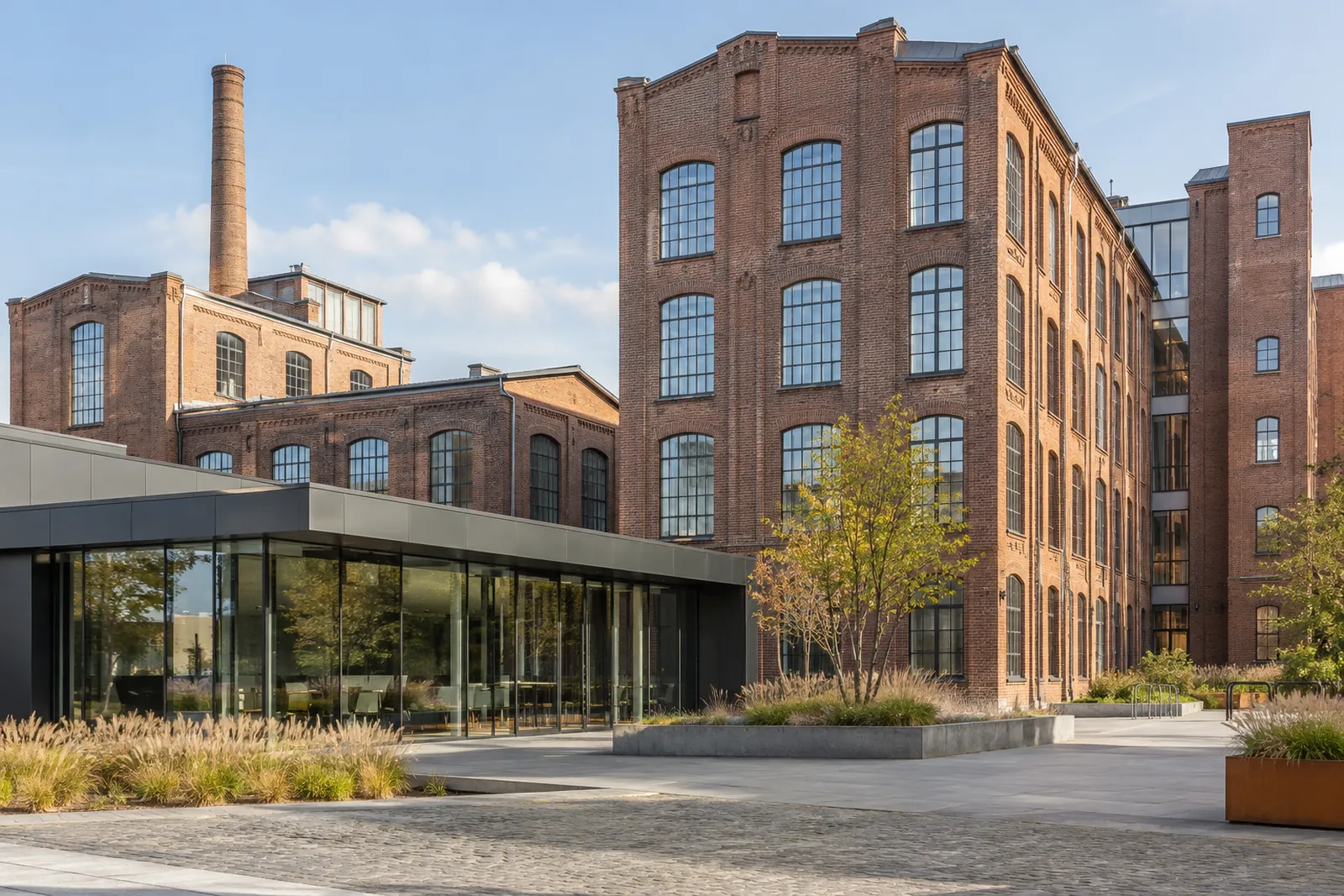 Ehemalige Fabrikgebäude aus rotem Backstein mit Rundbogenfenstern, davor ein moderner Gewerbebau in Delmenhorst