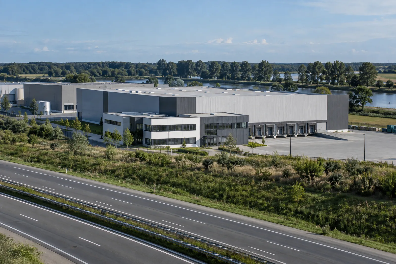 Lager- und Gewerbehallen mit Büroanbau an einer Autobahn im flachen Umland von Hannover bei Garbsen