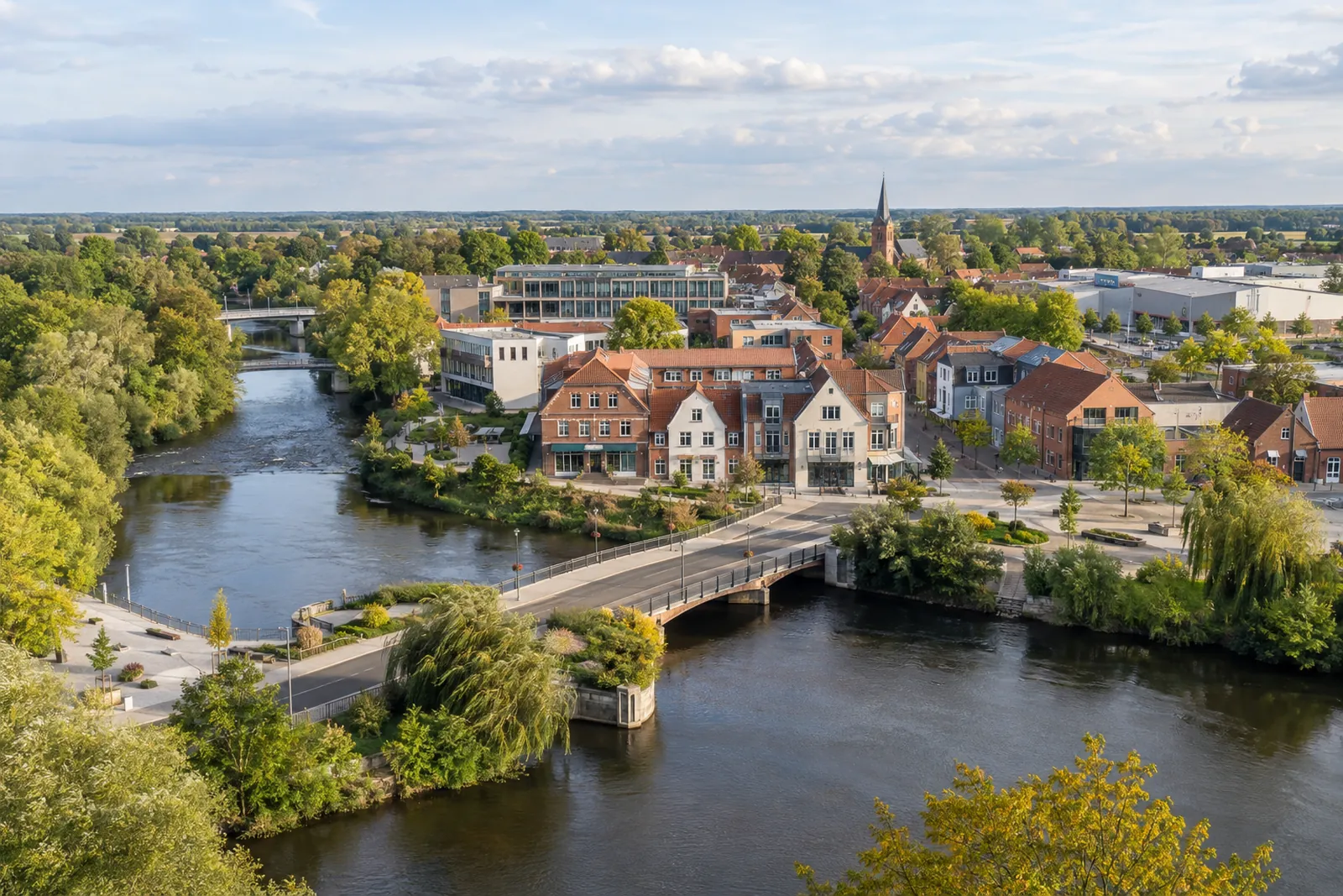 Geschäftshäuser und moderne Gewerbebauten am Wasser in Gifhorn, flache niedersächsische Landschaft im Hintergrund