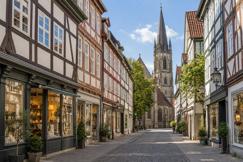 Fachwerkhäuser mit Ladenlokalen in der Göttinger Altstadt, dahinter ein gotischer Kirchturm