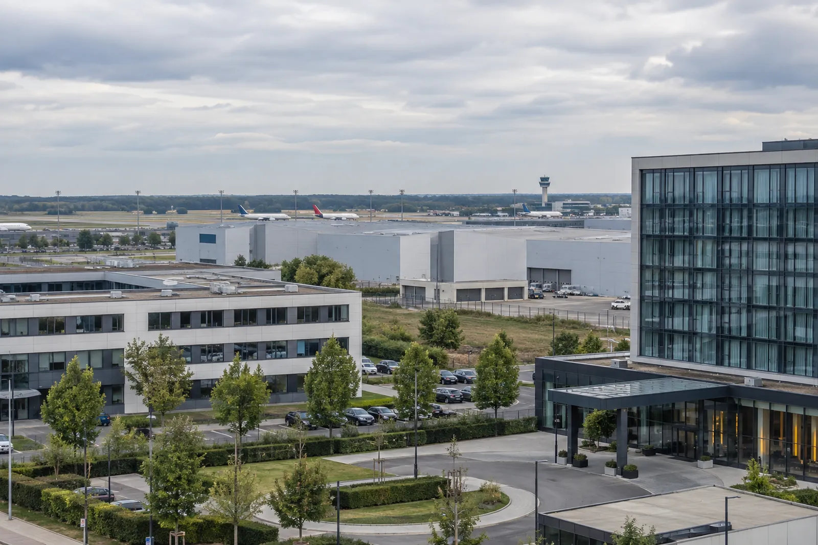 Hotel- und Gewerbebauten mit Glasfassade und Hallen im Umfeld des Flughafens Langenhagen
