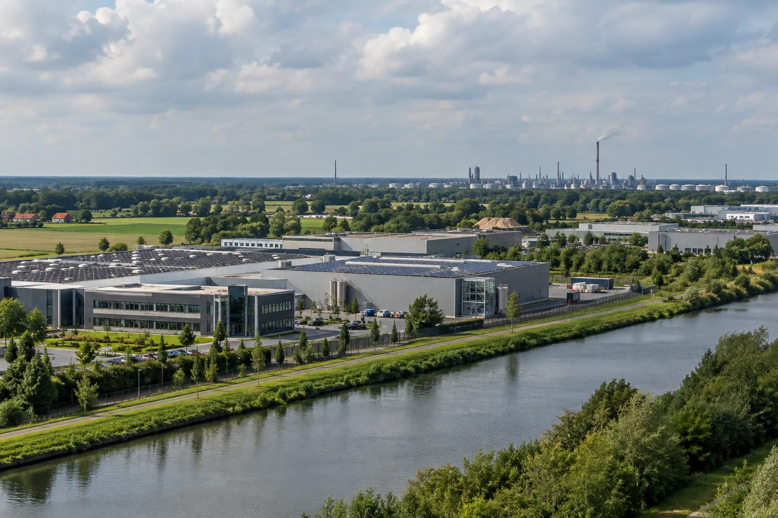 Moderne Gewerbehallen mit Solardächern und Bürotrakt am Dortmund-Ems-Kanal bei Lingen, im Hintergrund Industrieanlagen