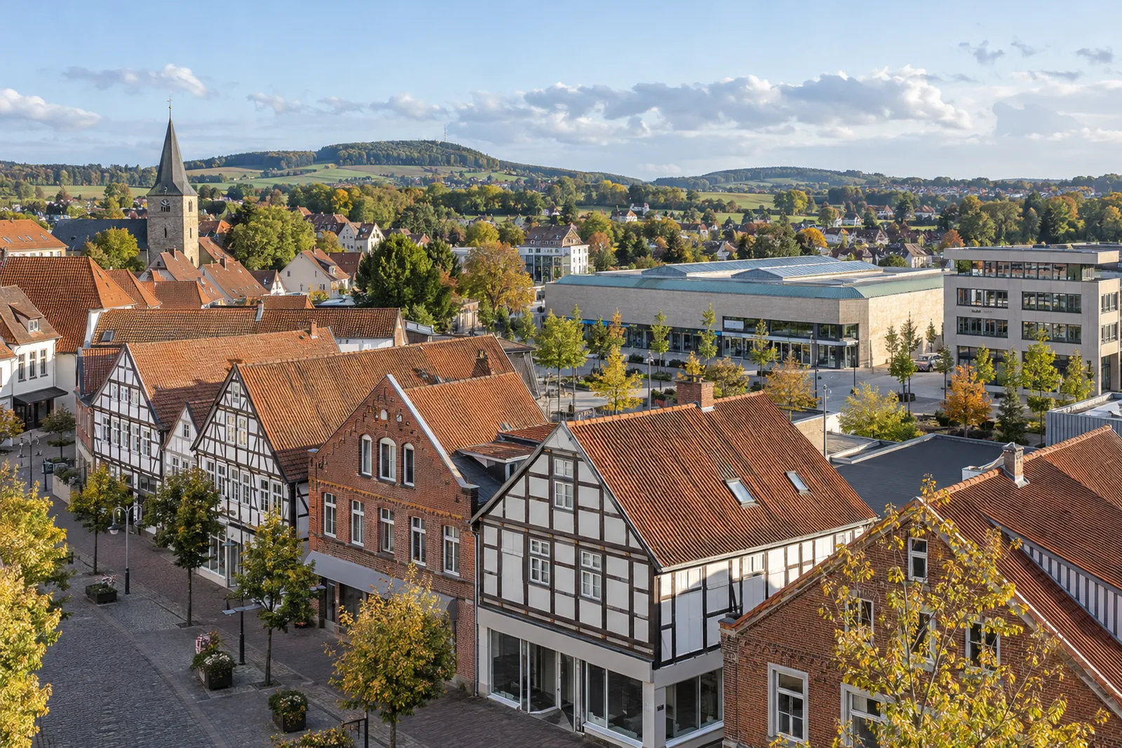 Fachwerk- und Klinkerhäuser in der Altstadt von Melle mit Gewerbehalle im Hintergrund