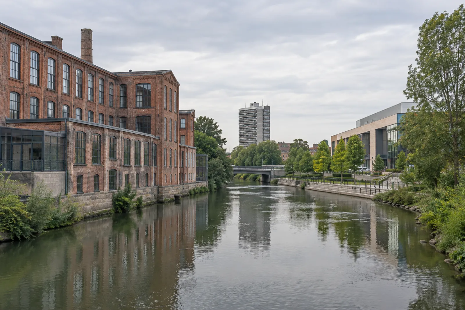 Umgenutztes Backstein-Fabrikgebäude an der Vechte in Nordhorn mit Hochhaus und moderner Handelsimmobilie im Hintergrund