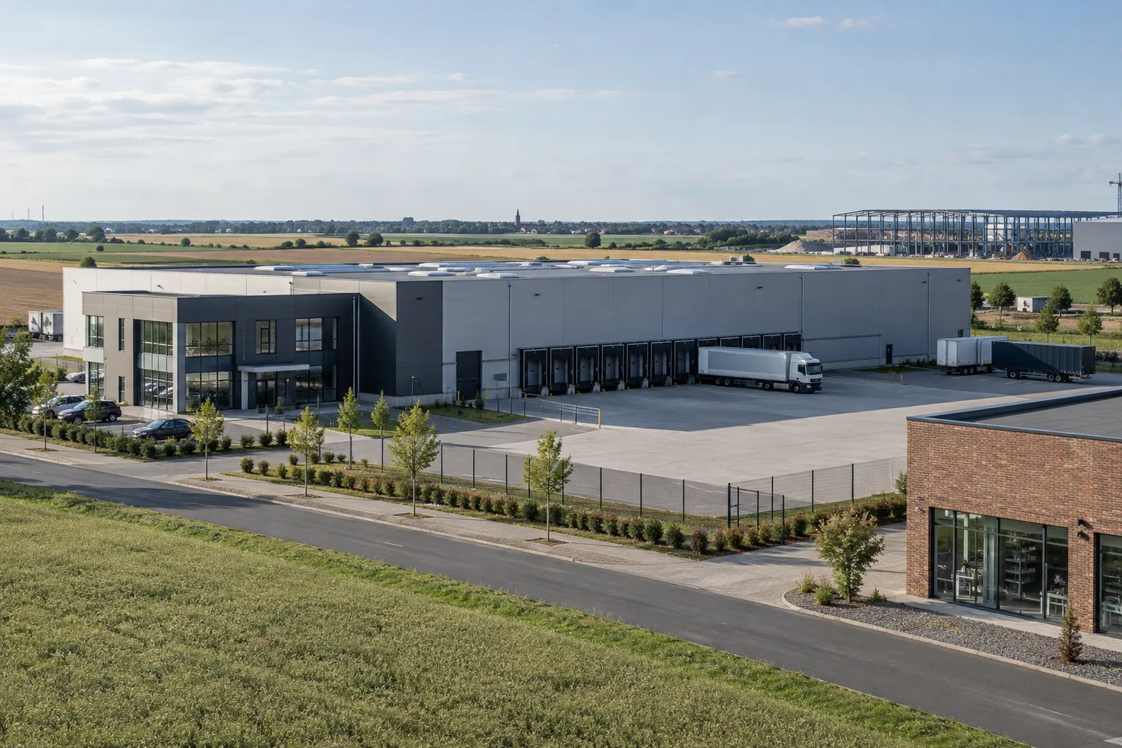 Moderne Logistikhalle mit Bürotrakt in einem Gewerbegebiet bei Peine, im Vordergrund ein Backsteingebäude mit Schaufenstern