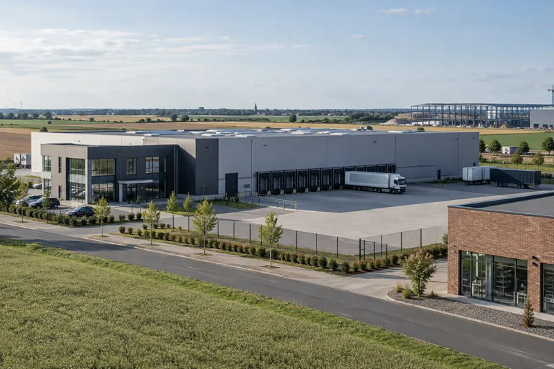 Moderne Logistikhalle mit Bürotrakt in einem Gewerbegebiet bei Peine, im Vordergrund ein Backsteingebäude mit Schaufenstern