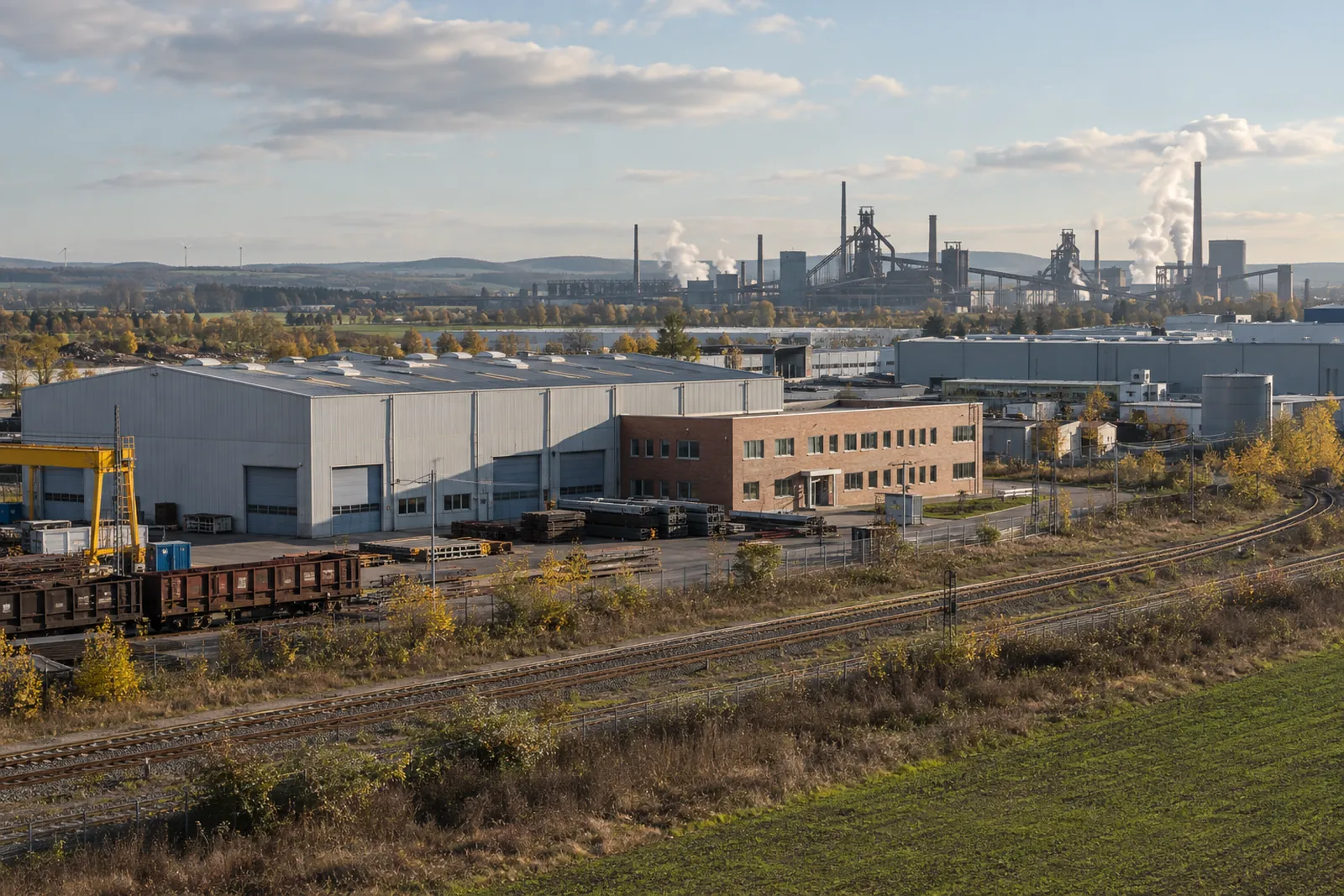Produktionshalle mit Bürotrakt, im Hintergrund die Silhouette eines Stahlwerks bei Salzgitter