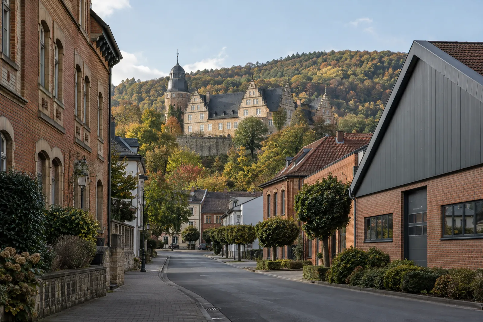 Backsteinbauten mit Gewerbehalle, im Hintergrund ein Renaissance-Schloss, Schaumburger Hügel dahinter