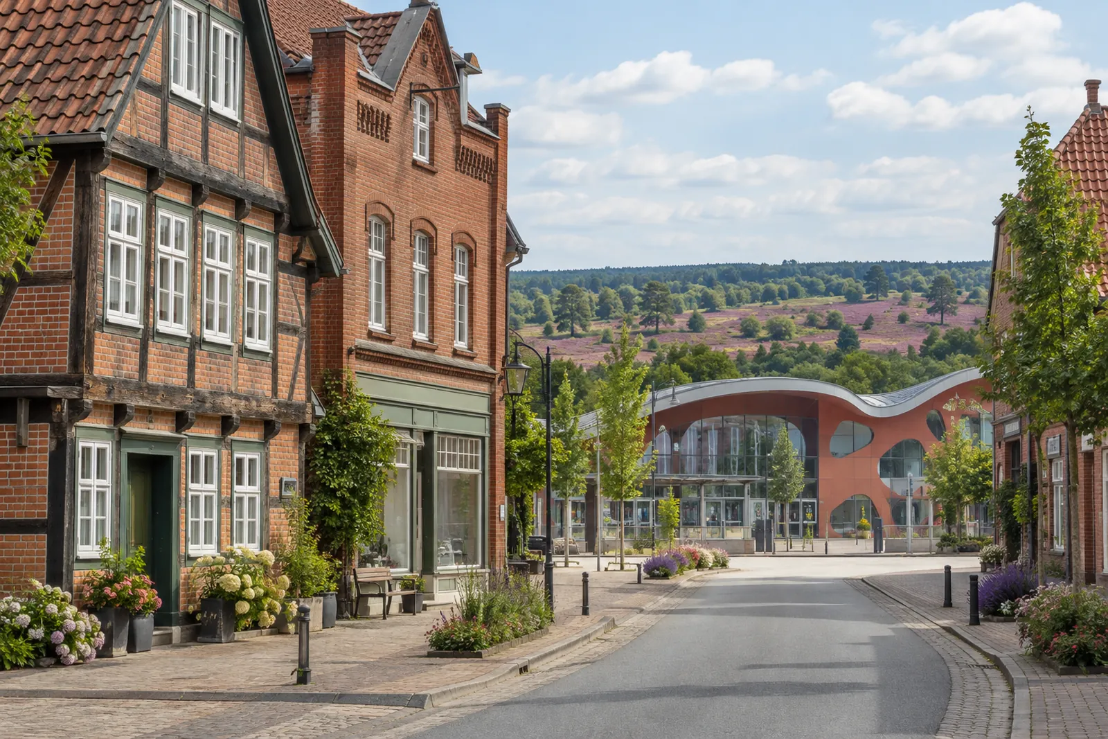Fachwerk- und Backsteingeschäftshäuser am Rand der Uelzener Innenstadt, im Hintergrund der farbige Bahnhof