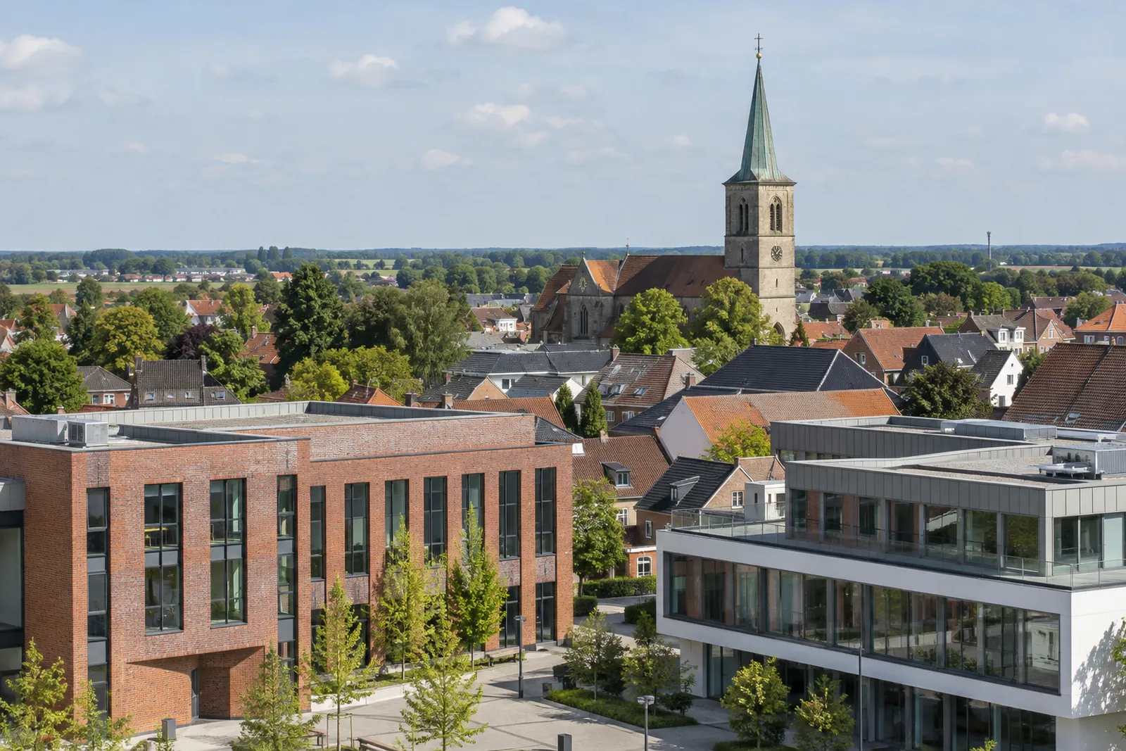 Klinkergewerbebauten in Vechta mit Kirchturm und flacher Landschaft im Hintergrund